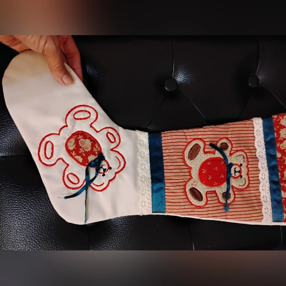 Festive Kids Stocking with Bear Design Embroidery Quilting